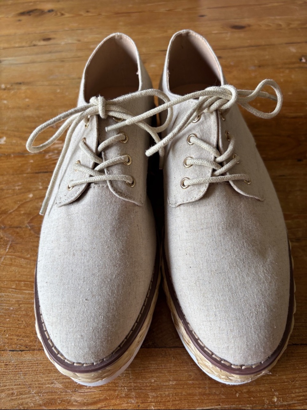 JustFab Teachers Pet Natural Beige Linen Lace-Up Flats Lightweight size 8.5